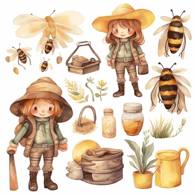 Watercolor boho beekeeping, illustrations clipart set, simple, soft colors, cartoon elements, different variants, cute little boy and girl beekeeping, separate elements with a margin