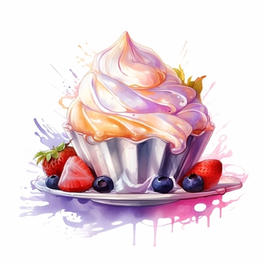 a drawing of a dessert featuring candy and whipped cream, in the style of pastel toned, shiny/glossy, colorful fantasy realism, caffenol developing, warmcore, #screenshotsaturday, rubens, white background, isolated, free brushstrokes, watercolor illustration, clipart,