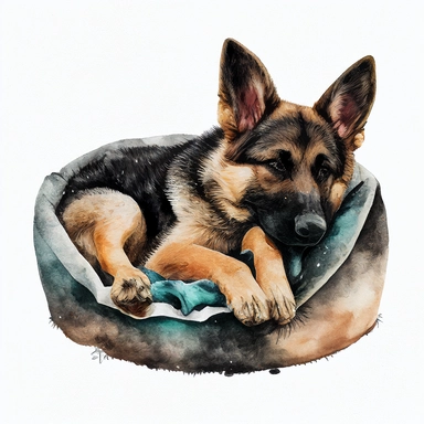german shepherd dog sleeping in a dog bed, watercolor clipart, transparent background