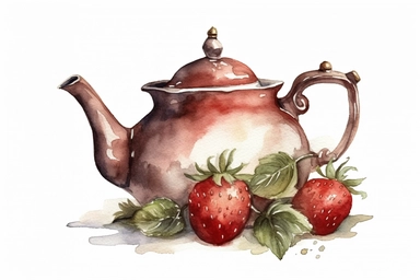 watercolor strawberry tea pot clipart, hd, isolated on white background, spaced out