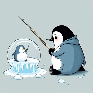 dumb goofy emperor penguin clipart comic fishing near a hole in the ice 8k cute