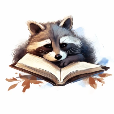 Clipart of a playful raccoon lying down and reading a picture book, hand-drawn back to school clip art, white background