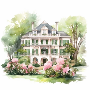 Magnolia Mansion - As part of the Whimsical Botanical Dwellings collection, this watercolor clipart presents a magnificent mansion designed entirely from Peony Blush magnolias and Fern Green leaves. The grandeur of the mansion is intricately captured, and it stands out vividly against the white background, emphasizing the soft pink and vibrant green colors.