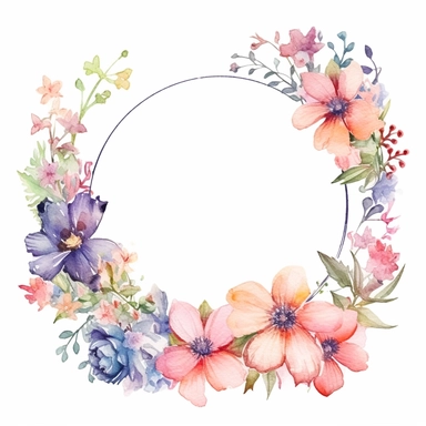 watercolor clipart of a empty suttle dainty floral circle frame surrounded by spring flowers. Capture the essence of blooming beauty and intricate details in your artwork, white background