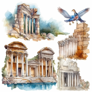 watercolor turkey ephesus ruins, illustrations clipart set, simple, , cartoon elements ,different variants ,marble elements, separate elements with a margin