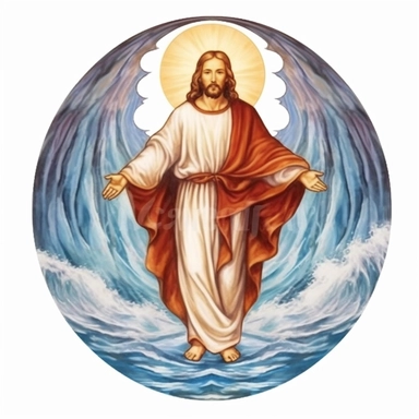 Fantasy Jesus Christ opening a river through the middle, water waves on the sides, Jesus christ in the middle, watercolor style clipart, solid white background