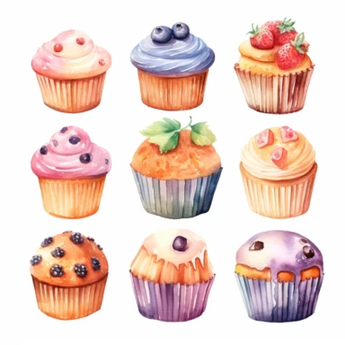 watercolour, muffin, soft and muted pastel nuances, clipart, high quality details, white background, 8k, f1