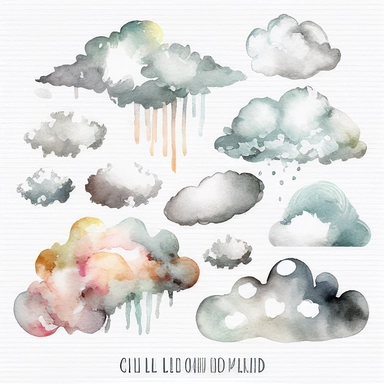 clouds watercolor,all white background, clipart