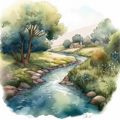 A serene watercolour landscape featuring a gently flowing river surrounded by lush greenery. The style is soft and dreamy, with delicate brushstrokes. The river reflects the colours of the sky and the trees, creating a harmonious and peaceful scene. The clipart is highly detailed, with intricate textures and patterns in the foliage and water. The lighting is soft and natural, casting gentle shadows and highlights on the landscape. Style: Watercolour. Lighting: Soft and natural. Landscape: River 