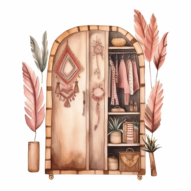 watercolor, white background, clipart, watercolor, white background, clipart wooden wardrobe furniture in a boho style, pink, brown golden hues