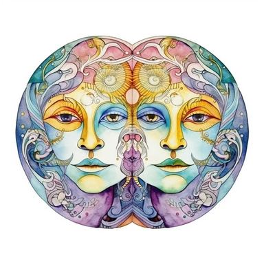 Watercolor clipart, of a twin people head concept zodiac sign of Gemini, colorful and detailed, with white color background, 2D, vector,