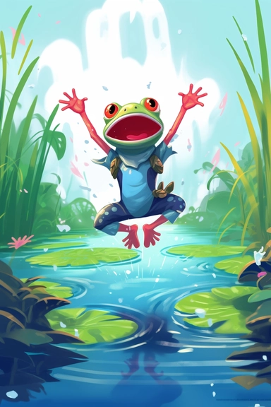 clipart, frog wearing red backpack jumping out of a lilly pad pond, surprised and scared expression, water splashing around, surrounded by greenery, blues and green hues, children's book setting
