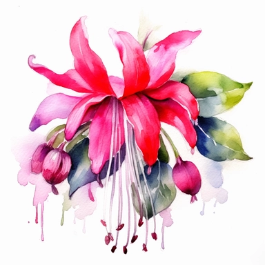 a watercolour painting of a fuchsia flower, in the style of uhd image, dansaekhwa, traditional, flourishing botanicals, exotic, white background, colorful, antique clipart, vibrant intense colors
