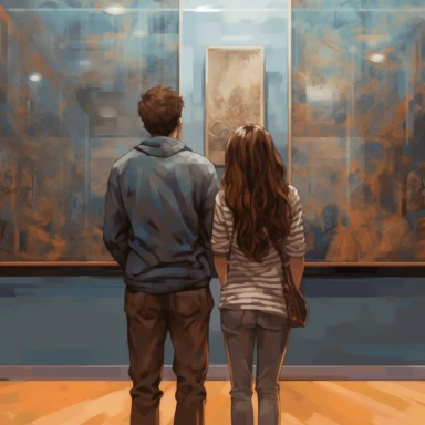 a young teenage couple watching modern art in a museum, in the style of anime art, anime style, anime characters, painterly style, cute and dreamy, highly realistic, cartelcore, high resolution, flat, gray and bronze, blue and bronze, detailed clipart, uhd image, view from the back