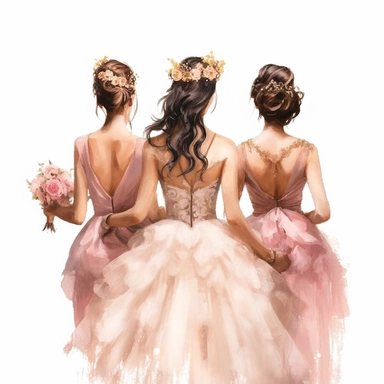 glamour dolce & gabbana half body back shot, watercolor white wedding dress bride wedding brunette hairstyle with beautiful gold headpiece clipart, + two bridesmaids in pink dress, hd, isolated on white background, spaced out ar 3:2