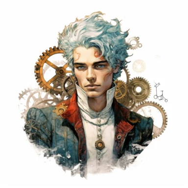 beautiful stunning handsome steampunk young man, he has coloured hair, paint art style, clipart, white background, superrealistic, one of a kind