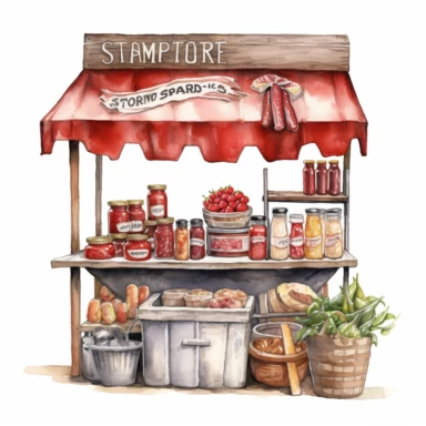 hand drawn ROADSIDE STAND WITH STRAWBERRY JAM AND COUNTRY HAM leg , very detailed and realistic , watercolor, white background with margins, clipart style
