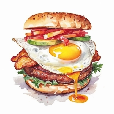 Breakfast Burger Ground beef, bacon, fried egg, cheddar cheese, hash brown, ketchup, brioche bun ,clipart water color, white background, 8k