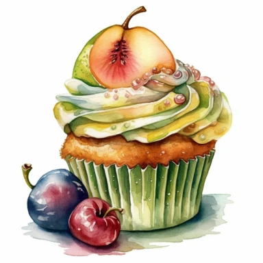 An intricately detailed watercolor clipart illustration displaying an ultra-realistic [specific design idea, like  cupcakes decorated with pear  ], isolated on a white background, in the style of ultra-detailed watercolor clipart illustrations, HDR watercolor clipart illustrations, 32K watercolor clipart illustrations, hyperrealistic watercolor clipart illustrations, ultra-intricate watercolor clipart illustrations, high-resolution watercolor clipart illustrations, high-definition watercolor cli