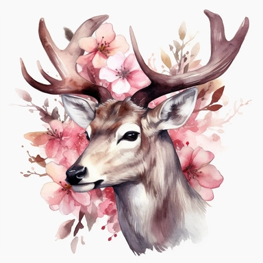 Deer portrait, pink magnolia flowers on a large antler, watercolor, clipart, illustration no background