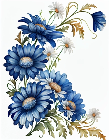 detailed watercolor blue daisy flower corner side border , isolated on white background, realistic, clipart