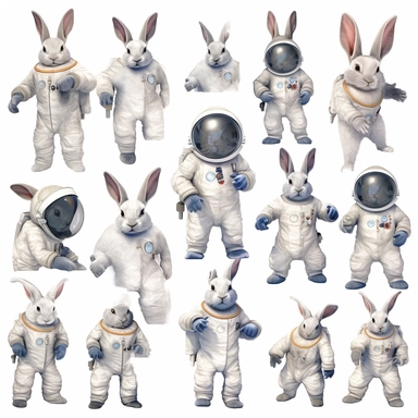 a collage of bunny astronauts in realistic clipart with no shading. I would like each design to be separate from the others, showcasing the unique characteristics of each animals astronaut suit I envision the clipart designs to be versatile and easily adaptable, suitable for a range of creative projects such as invitations, stationery, digital artwork, and more no shading