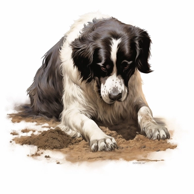 Landseer, digging in the dirt, realistic, Clipart, white background, no text, no caption