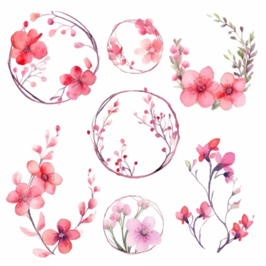 Watercolor clipart set featuring pink flower blossoms, each captured from a different angle and displayed within circular frames, offering a harmonious composition on a white background.
