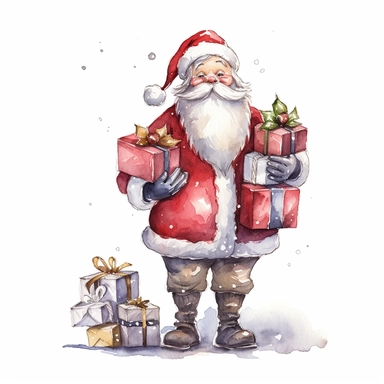 cute watercolor cartoon santa delivering gifts clipart