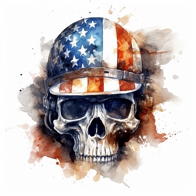 watercolour skull with a military steel helmet painting american flag, in the style of digital mixed media, splatter paintings, full body, tattoo, parodic, sentimental realism, ferrania p30, clipart