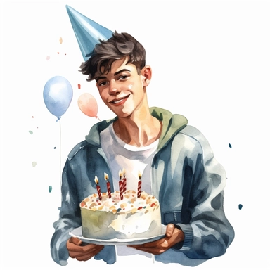 watercolor of a birthday 21 year old boy isolated on a white background, detailed ,realistic ,rtx on,textural richness,colorful imagery,digital illustration, clipart,