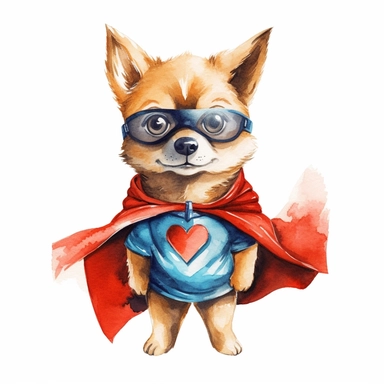 a courageous watercolor clipart image with a white background, featuring a cute cartoon dog superhero with a superhero suit