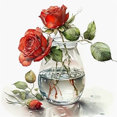 A couple redroses in a clear vase with a little bit of water, floral, watercolour, clipart