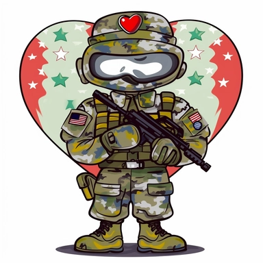 a cartoon figure in a camouflage unit holding an american flag, in the style of humor meets heart, english major, use of bright colors, aztec art, smilecore, free-associative. white background. clipart.