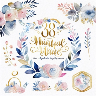watercolor marriage anniversary clipart collection, white background, white, pink, blue and gold illustrations