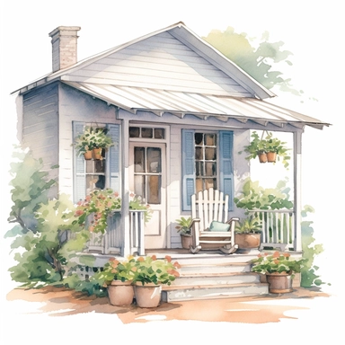 watercolor Close look of Farmhouse Porch, rocking chairs, flowers in pots Clipart