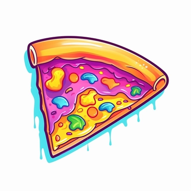 White background: discreet and minimalist, a cute, kawaii, vector Pizza Slice, sticker, isolated on white background, vibrant colors, lisa frank style, clipart