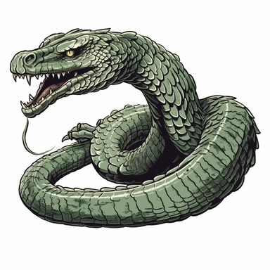A dynamic and dramatic clipart design of the Basilisk from the Harry Potter movies, depicting its coiled form, striking out with its venomous fangs, and embodying the treacherous nature of this iconic serpent, clipart