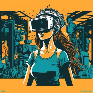 vr headset, virtual reality, industrial worker, poster, goddess, learning, simplistic, abstract, vector, 2d illustration, clipart, few colors, industrial environment, industrial scruffs