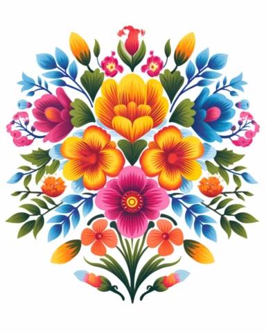 Mexican folk art clip art ,central focal point with symmetrical elements around it, flowers, roses, leaves, hand painted style, illustrative, gradation of color, presented on a clean white background,