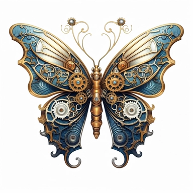 clipart, isolated on white backgorund, a bronze butterfly with gold and blue design, in the style of detailed science fiction illustrations, ivory, mysterious backdrops, quadratura, fairycore, wimmelbilder, fantastical machines