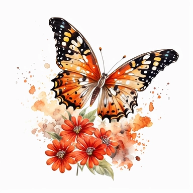 a fantasy butterfly clipart: left wing is leopard print, right wing is watercolor flowers, realistic butterfly body, white background, clip art