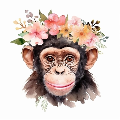 watercolor chimpanzee head with flower crown, Etsy, textured, clipart, white background