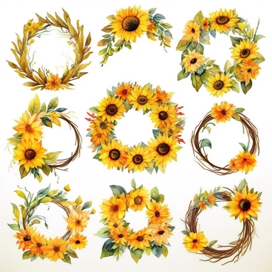 An eye-catching and delightful set of watercolor clipart showcasing sunflower wreaths. The artist masterfully captures each sunflower's unique features, such as its radiant yellow petals and deep brown seeds, using intricate detail and fluidity in the watercolor medium. The wreaths come in various designs, each one a celebration of the sunflower's sunny disposition and stunning beauty. The watercolor technique is used to give each sunflower a lifelike, almost tactile quality, adding to its appea