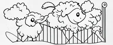 black and white coloring book page of cartoon sheep jumping over a fence, vector image, clipart style
