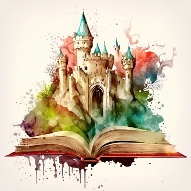 Clipart, Mythical Watercolor Castle Emerging from an Open Book, no background, hd