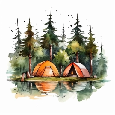 camping, tents, lakes, trees, watercolor, for a t-shirt clipart