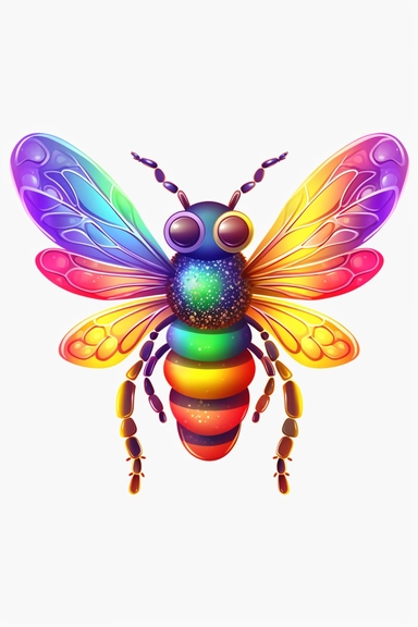Rainbow bee, very cute, very vibrant colors, cartoon style, white background, clipart, 2D, colorful, HD