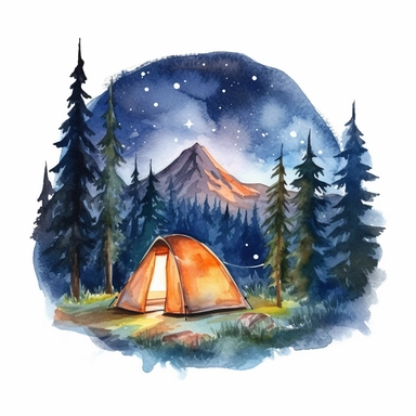 watercolor clipart of a campsite at night with trees and mountains behind, isolated on a white background, I can't believe how beautiful this is