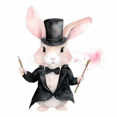 a watercolor cute bunny doing magic with magic stick in black suit clipart , soft pink